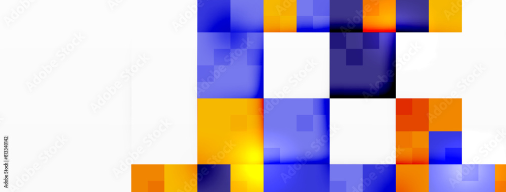 A colorful rectangle pattern featuring blue, yellow, and orange checks on a white background. The symmetrical design includes shades of purple, violet, magenta, and electric blue