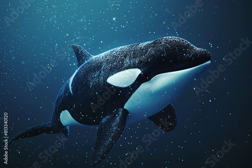 orca jump through the ocean's blue waves with a swimming penguin nearby