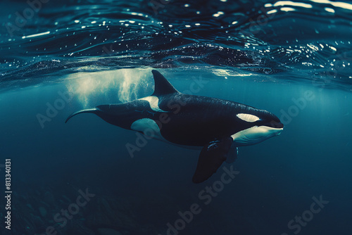 A playful orca swims through the blue ocean waters, its fin gleaming in the sunlight © masud