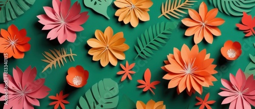 A colorful collage of paper flowers and leaves on a flat background