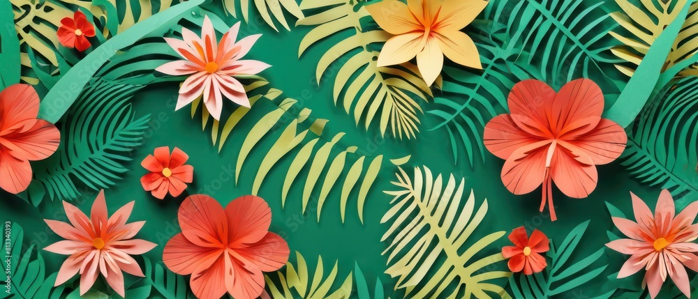 A colorful collage of paper flowers and leaves on a flat background A colorful collage of paper flowers and leaves on a flat background
