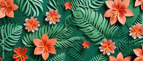 A colorful collage of paper flowers and leaves on a flat background