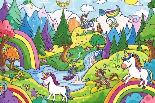 Cartoon cute doodles of a horseback riding competition in a magical forest, with unicorns and pegasi soaring over colorful obstacles, Generative AI