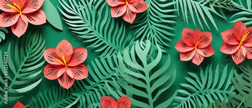 A colorful collage of paper flowers and leaves on a flat background