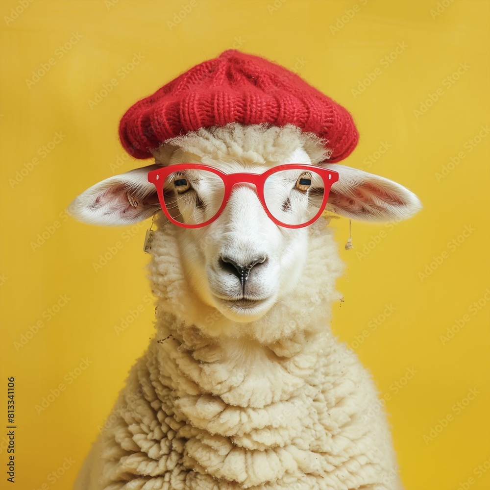 Fototapeta premium A joyful sheep with red glasses and cap on yellow background