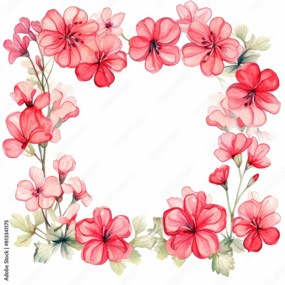 geranium themed frame or border for photos and text.clusters of red, pink, and white blooms. watercolor illustration, Element for design of cards, stationery and packaging. geranium themed frame or border for photos and text.clusters of red, pink, and white blooms. watercolor illustration, Element for design of cards, stationery and packaging.