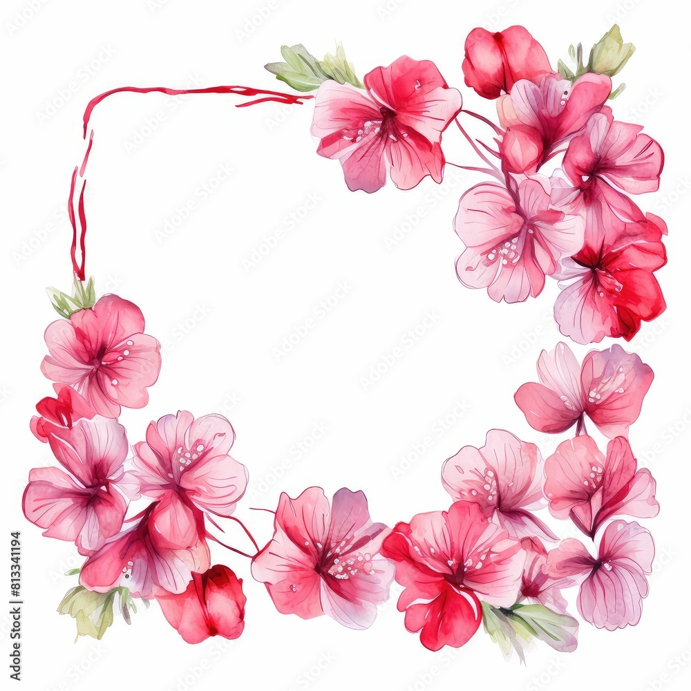 geranium themed frame or border for photos and text.clusters of red, pink, and white blooms. watercolor illustration, Element for design of cards, stationery and packaging. geranium themed frame or border for photos and text.clusters of red, pink, and white blooms. watercolor illustration, Element for design of cards, stationery and packaging.