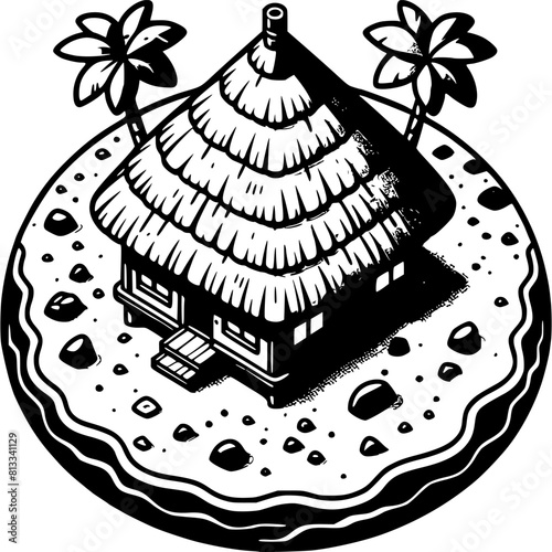 Bungalow with Thatched Roof on Island in monochrome. Ancient native dwelling. Simple minimalistic vector in black ink drawing on transparent background