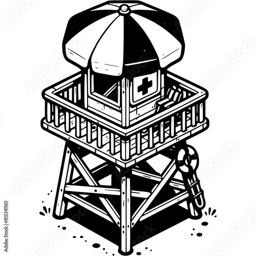 Rescue observation tower on seashore in monochrome. Wooden tower for observing vacationers at sea. Simple minimalistic vector in black ink drawing on transparent background