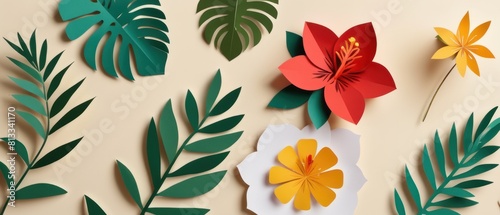 A colorful collage of paper flowers and leaves on a flat background