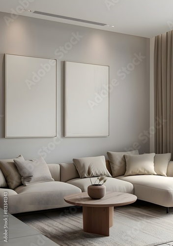 Modern living room with a beige sofa and coffee table, carpet on the floor