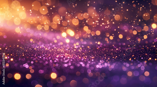 Gold and Purple Abstract Glitter Confetti Bokeh Background, Festive Celebration and Party Concept. Sparkling Glitter Texture for Luxury Design, Generative AI