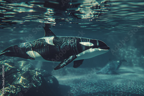 orca swim playfully in a blue ocean filled with colorful marine life photo