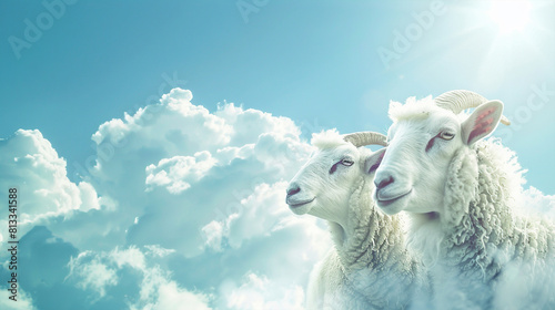 Eid ul adha concept goats on blue background with clean white clouds, Happy eid day
