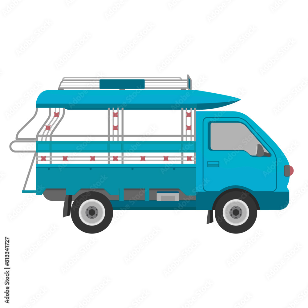 Single cab pickup truck, local minibus in Laos and Thailand, vector on white background Single cab pickup truck, local minibus in Laos and Thailand, vector on white background