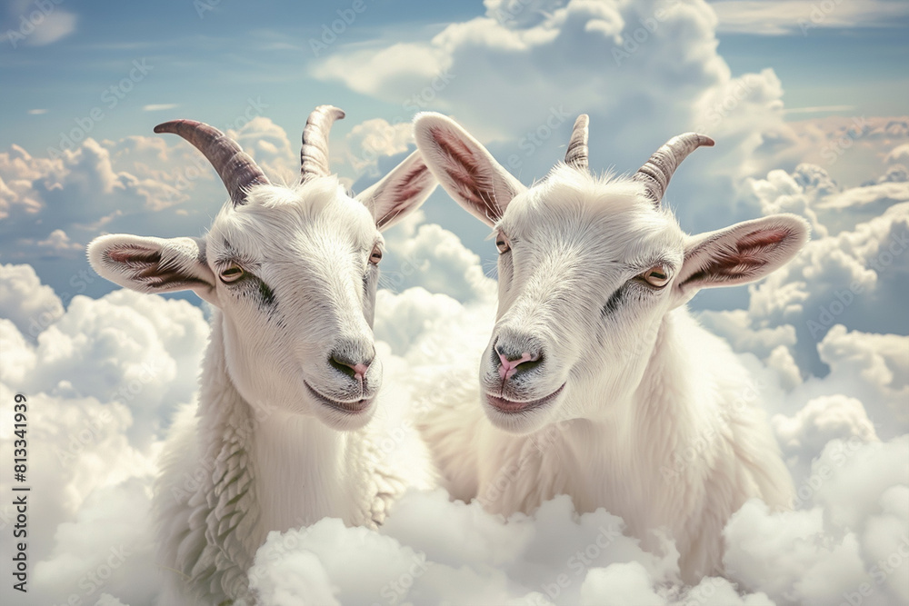 Fototapeta premium Eid ul Adha with goats against a sky blue background adorned with clean clouds