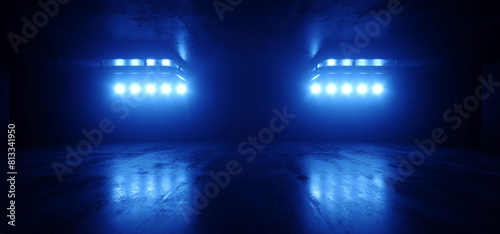 Modern Grunge Cyberpunk Stage Lights Showroom Empty Product Car Reveal Concrete Cement Glossy Realistic Background Deep Blue Vibrant Podium Lights 3D Rendering