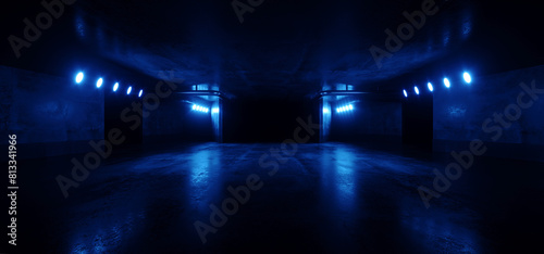 Modern Grunge Cyberpunk Tunnel Lights Showroom Empty Product Car Reveal Concrete Cement Glossy Realistic Background Deep Blue Vibrant Podium Lights 3D Rendering Illustration