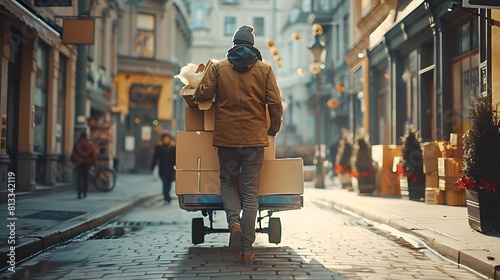 Delivery Man Pushes Hand Truck Trolley Full of Cardboard Boxes Hands Package to a Customer, Courier Delivers Parcel to Man in Business District photo
