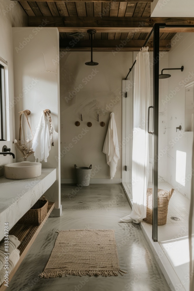 Fototapeta premium A tranquil bathroom with minimalist fixtures, clean lines, and a spacious shower area, providing a calming space, Generative AI