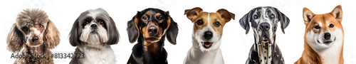 Set of 6 dog puppy, Poodle, Shih Tzu, Shiba Inu, Dachshund, Great Dane, Jack Russell Terrier portrait head shot isolated on transparent background cutout, PNG file. © Sandra Chia