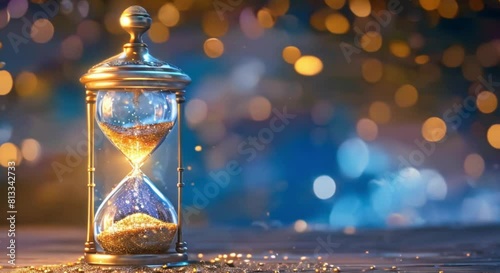 A sparkling hourglass with golden sand against a shimmering blue bokeh background  photo