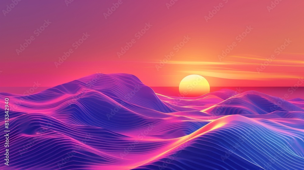 A sunset sky with colorful waves rolling in the background, creating a mesmerizing scene by the sea