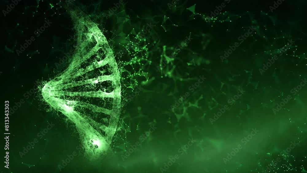 Artistic dna chain on dark nature green science animation background.