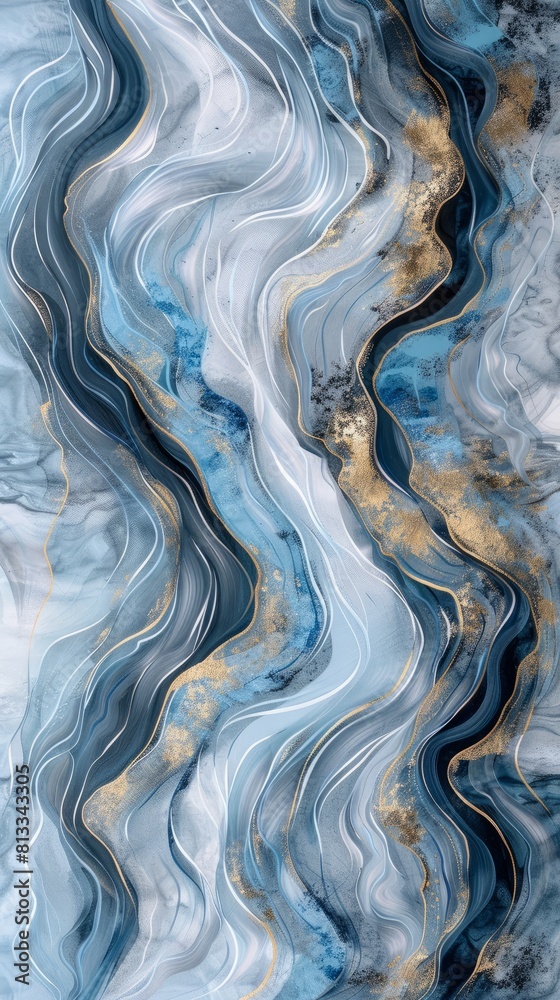 Swirling abstract waves in shades of blue and gold on a canvas, background Swirling abstract waves in shades of blue and gold on a canvas, background