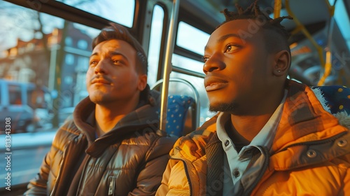 Diverse man and Man couple passengers talking while riding in a bus, Young diverse people going to work by public transport, African American Man talking to his male friend while traveling by bus