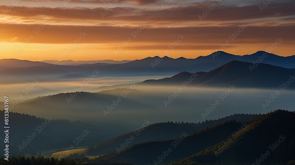 Mountain landscape with colorful hues of sunrise and sunset blend across the peaks and valleys