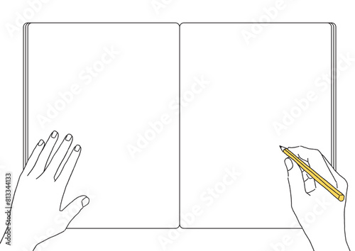 手帳と鉛筆を持つ手の手書きスケッチ風イラスト＿フレーム