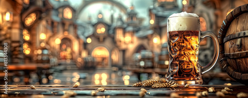 A glass of beer is on a table in front of a building
