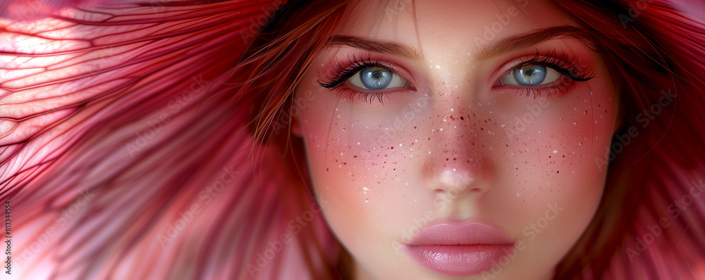Obraz premium A woman with blue eyes and red hair is wearing a pink hat
