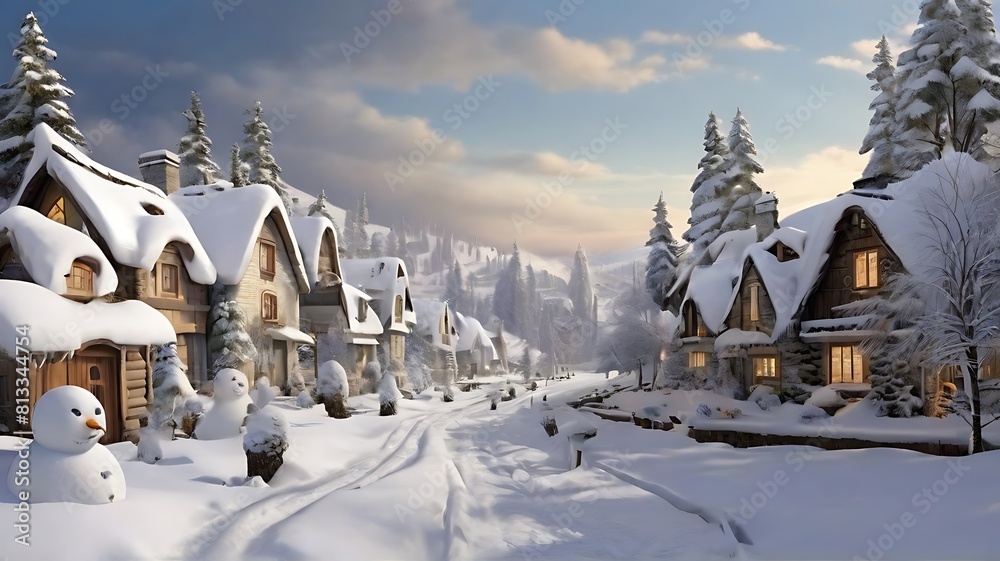 Snow village, snow on house rooftops, Christmas festival, snowmen