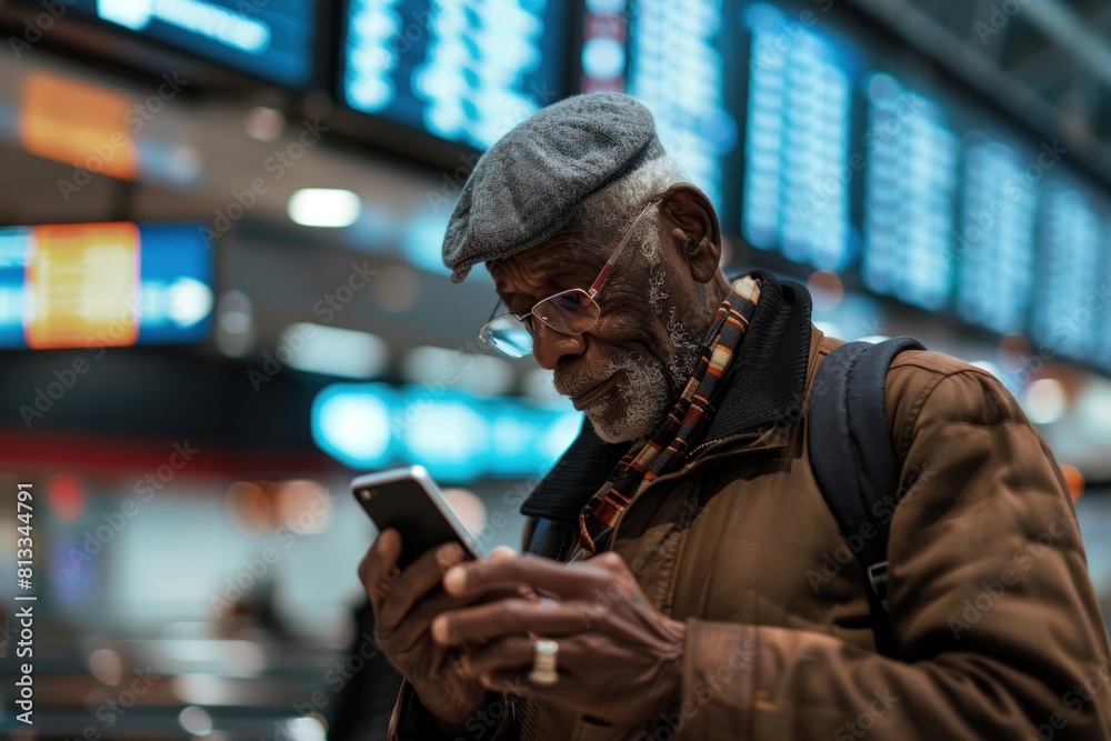 Elderly African American man checking his phone in an airport, wearing a scarf. Elderly African American man checking his phone in an airport, wearing a scarf.
