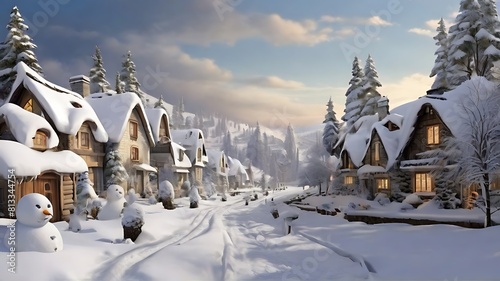 Snow village, snow on house rooftops, Christmas festival, snowmen photo
