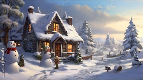 Snow village, snow on house rooftops, Christmas festival, snowmen photo