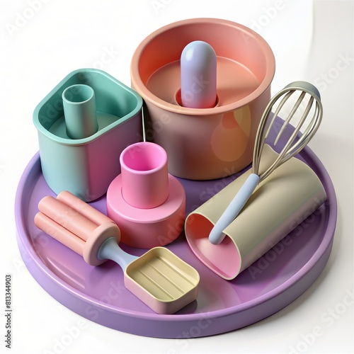 3D Render of silicone cake mold sets with matching accessories, such as spatulas and piping bags, on isolated white background, Generative AI
