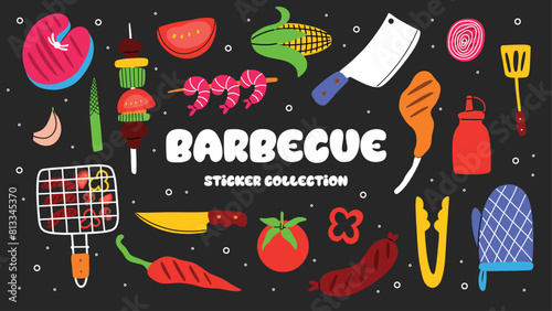 BBQ party sticker set. Barbecue or picnic tools.