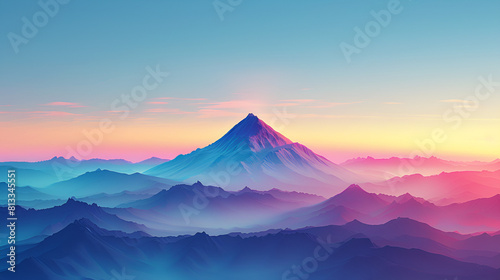 Minimalist background featuring a majestic single mountain, Minimalist Background Featuring A Majestic Single Mountain Peak Amidst A Breathtaking Gradient Sky, Generative Ai