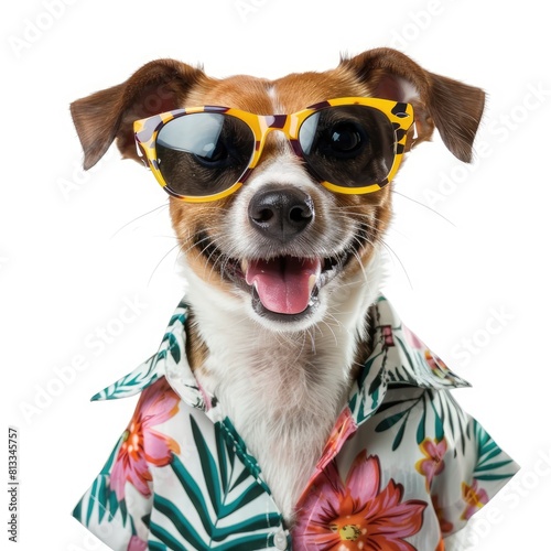 Happy smile Puppy dog wear sunglasses with summer season costume isolated on background,   © Chaynam