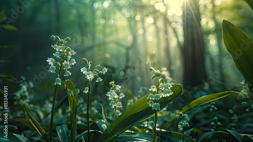 In the springtime forest the delicate white flowers of the Lily of the Valley Convallaria majalis bloom gracefully  photo