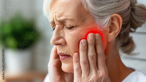An elderly woman experiencing severe jaw pain with a highlighted red area, symbolizing dental issues and nerve pain. Concept of health discomfort.
