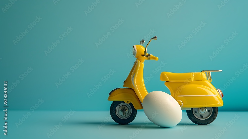 Small yellow figurine of motorbike with yellow and white egg on pastel blue background Small yellow figurine of motorbike with yellow and white egg on pastel blue background