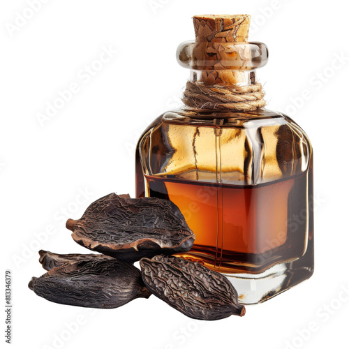A rustic glass bottle of amber-colored essential oil transparent background, PNG
