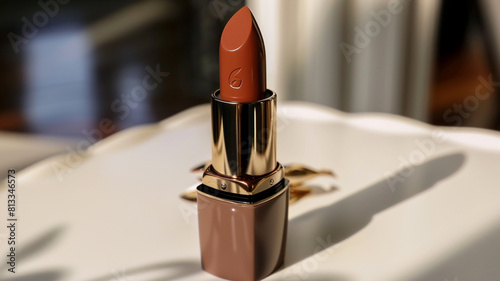 A chic and sophisticated terracotta lipstick showcased on a pure white surface, offering a modern twist to classic elegance. photo