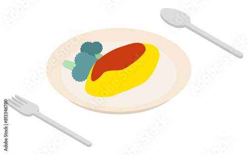 Isometric illustration of omelette and broccoli
