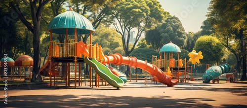 Empty children's playground in public park. isolated Cold rainy season