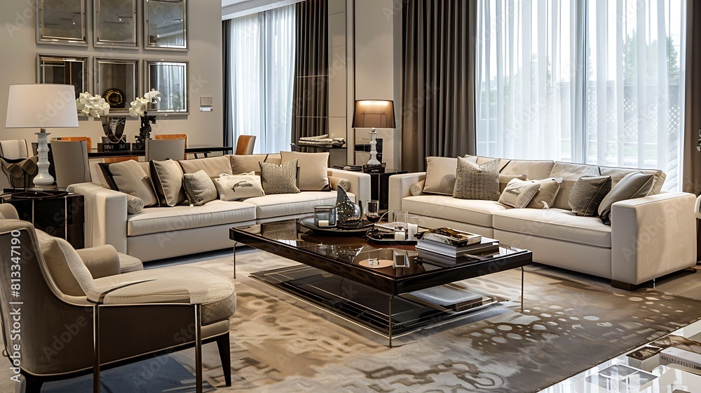 Fototapeta premium Stylish interior design of living room with modern furniture decoration and elegant accessories in home decor